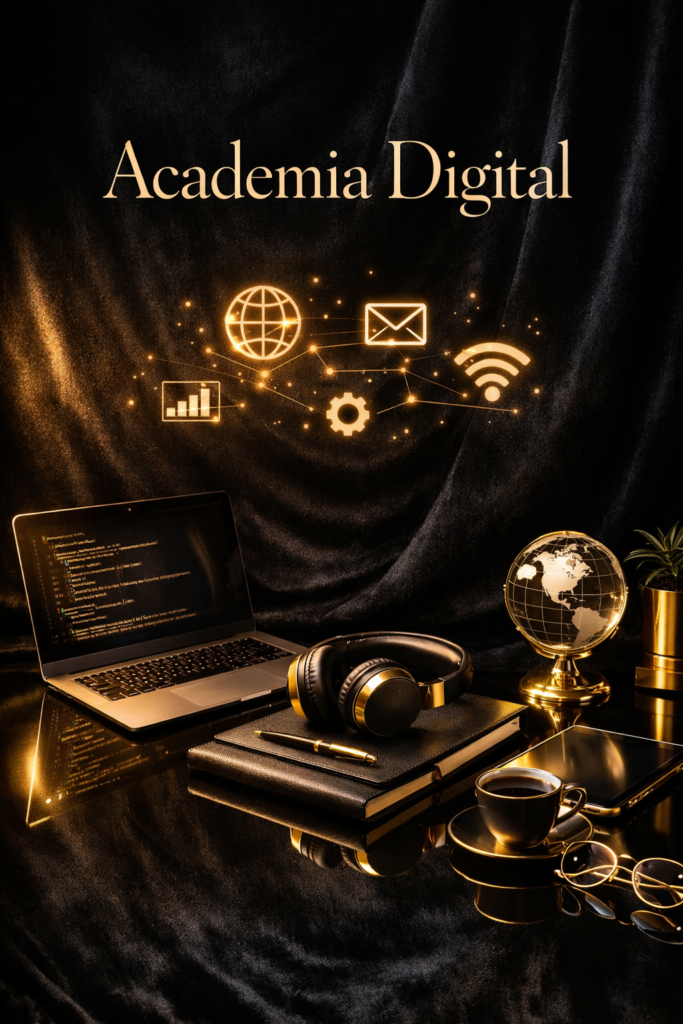 Formación digital de lujo con fondo negro y luz dorada, símbolo de conocimiento y tecnología.
